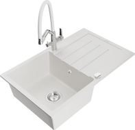 Mexen Bruno гранитна мивка с 1 камера с отцедник и кухненски смесител Duo, бял