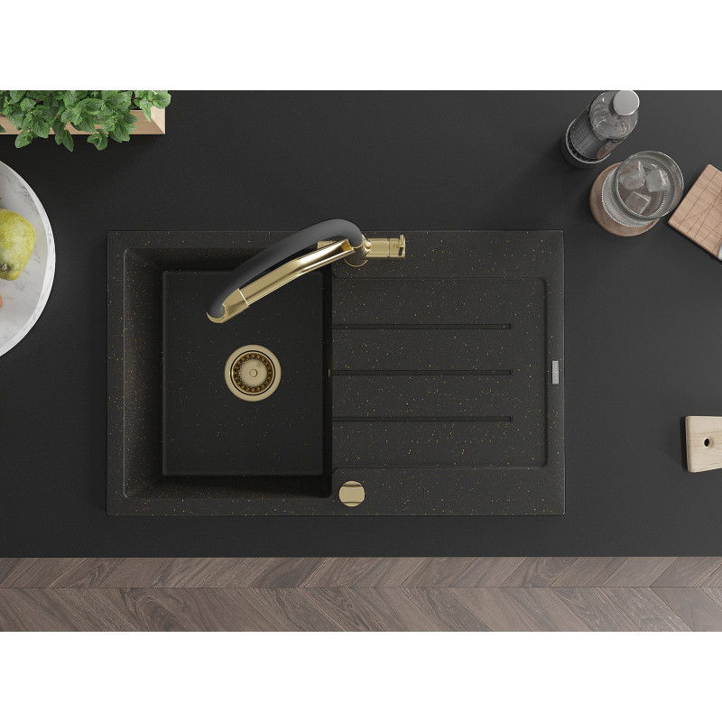 Mexen Bruno гранитна мивка с 1 корито с отцедник и кухненски смесител Duo, черен/златен металик - 6513-75-671701-57-G