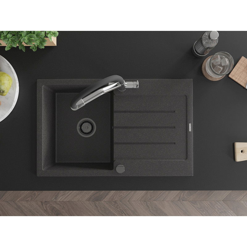 Mexen Bruno еднокоморна гранитна мивка с капковник и кухненски смесител Duo, черно петнисто - 6513-76-671701-07-B