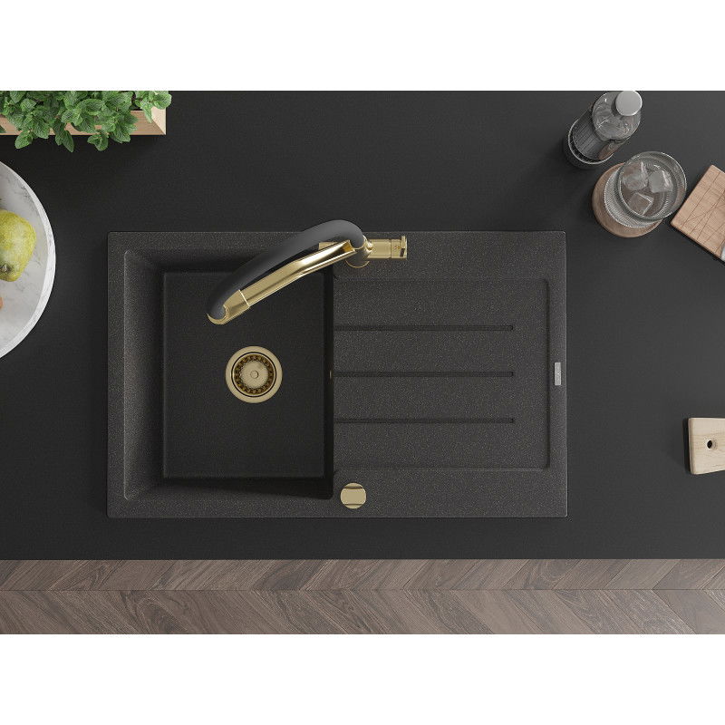 Mexen Bruno гранитна мивка с една камера с отцедник и кухненски смесител Duo, черен с пръски - 6513-76-671701-57-G