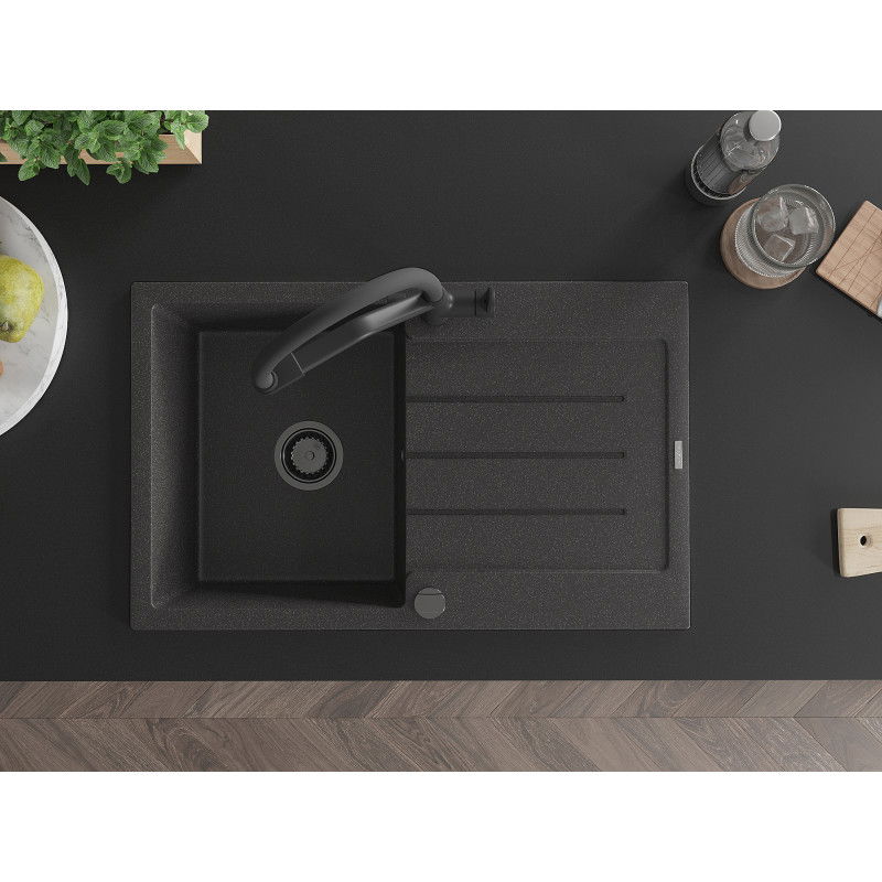 Mexen Bruno гранитна кухненска мивка с едно корито и отцедник и кухненски смесител Duo, черен с пръски - 6513-76-671701-70-B