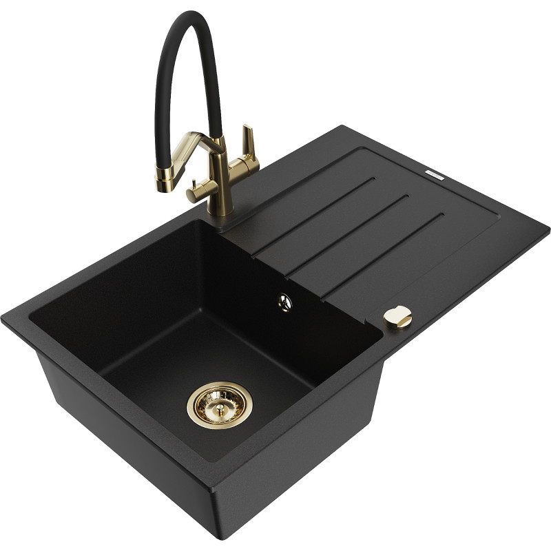 Mexen Bruno гранитна мивка с една камера с отцедник и кухненски смесител Duo,