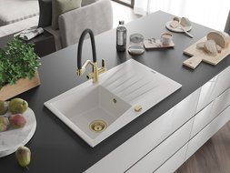 Mexen Cesar гранитна кухненска мивка с 1 корито с отцедник и Duo смесител, бял - 6514-20-671701-57-G