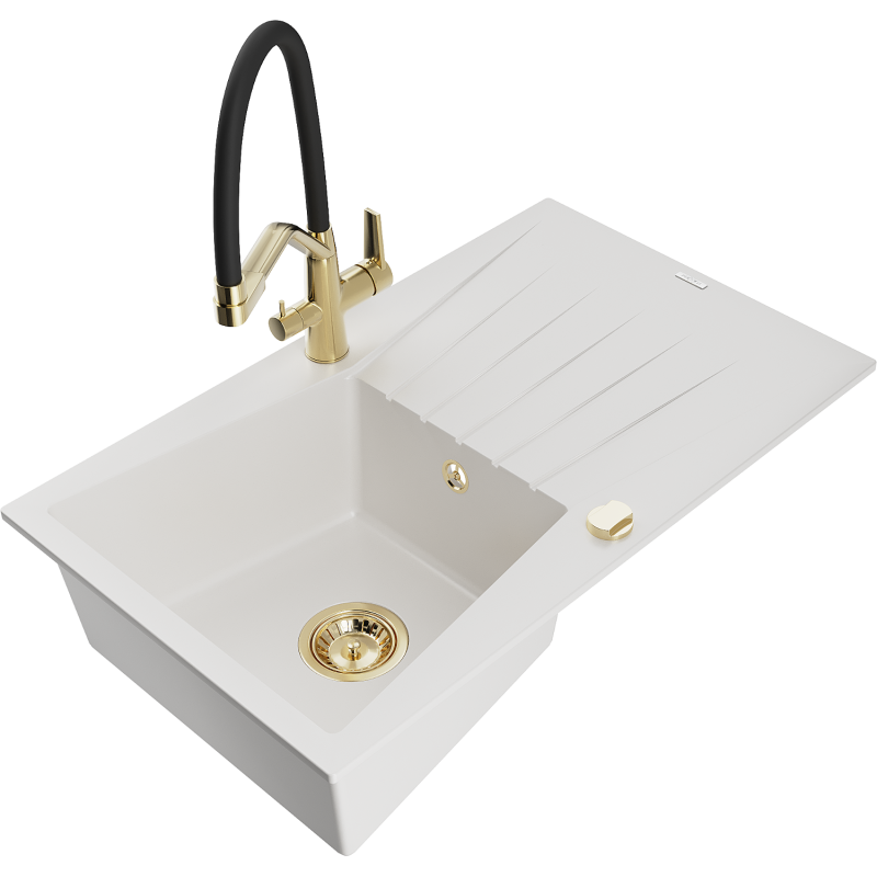 Mexen Cesar гранитна кухненска мивка с 1 корито с отцедник и Duo смесител, бял - 6514-20-671701-57-G