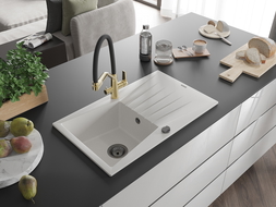 Mexen Cesar гранитна мивка с 1 отделение и отцедник и кухненска батерия Duo, бял - 6514-20-671701-57-B