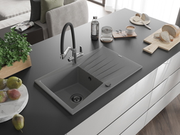Mexen Cesar мивка от гранит 1-камерна с отцедник и кухненски смесител Duo, сив - 6514-71-671701-07-B
