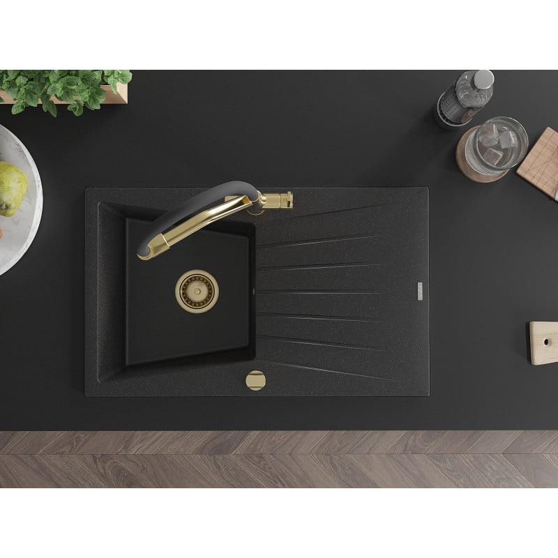 Mexen Cesar гранитна мивка с 1 отделение и отцеждач и кухненски смесител Duo, черен/сребрист металик - 6514-73-671701-57-G