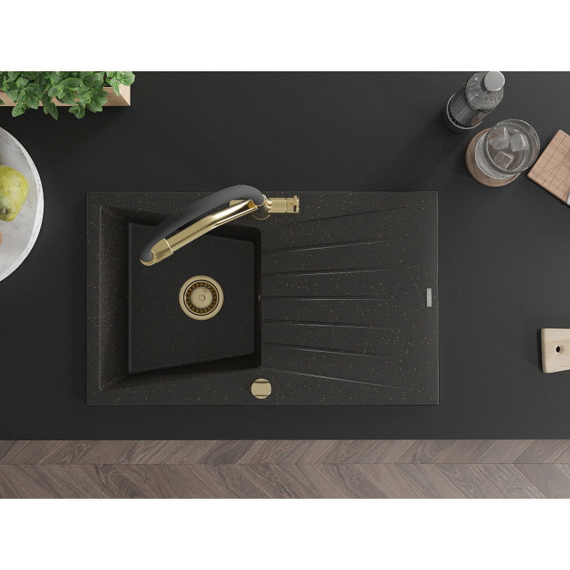 Mexen Cesar мивка от гранит с една камера с отцедник и кухненски смесител Duo, черен/златен металик - 6514-75-671701-57-G