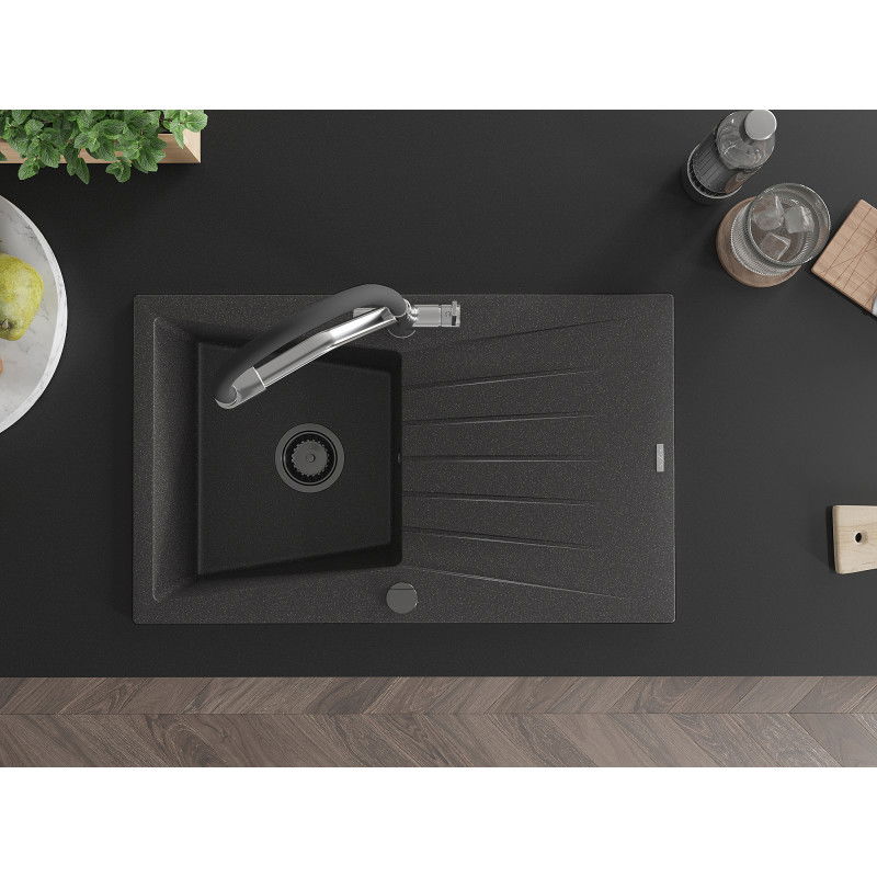 Mexen Cesar гранитна мивка с 1 отделение и сушилник и кухненски смесител Duo, черен с пръски - 6514-76-671701-07-B