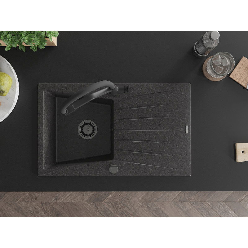 Mexen Cesar гранитна мивка с 1 отделение с отцеждач и кухненски смесител Дуо, черен с пръски - 6514-76-671701-70-B