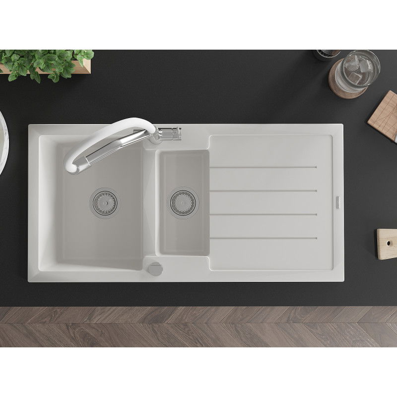 Mexen Andres гранитна кухненска мивка с 1,5 камери с отцедник и кухненски смесител Duo, бял - 6515-20-671701-02