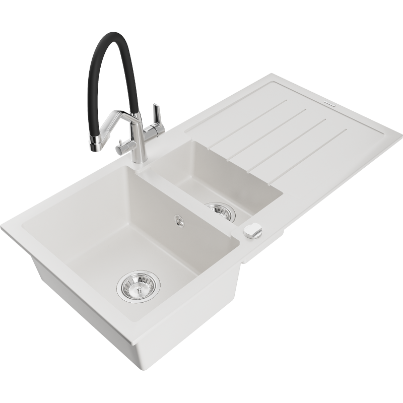 Mexen Andres гранитна мивка с 1,5 отделения с отцеждач и кухненска батерия Duo,