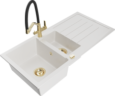 Mexen Andres гранитна мивка 1,5-камерна с отцедник и кухненски смесител Duo, бяла - 6515-20-671701-57-G