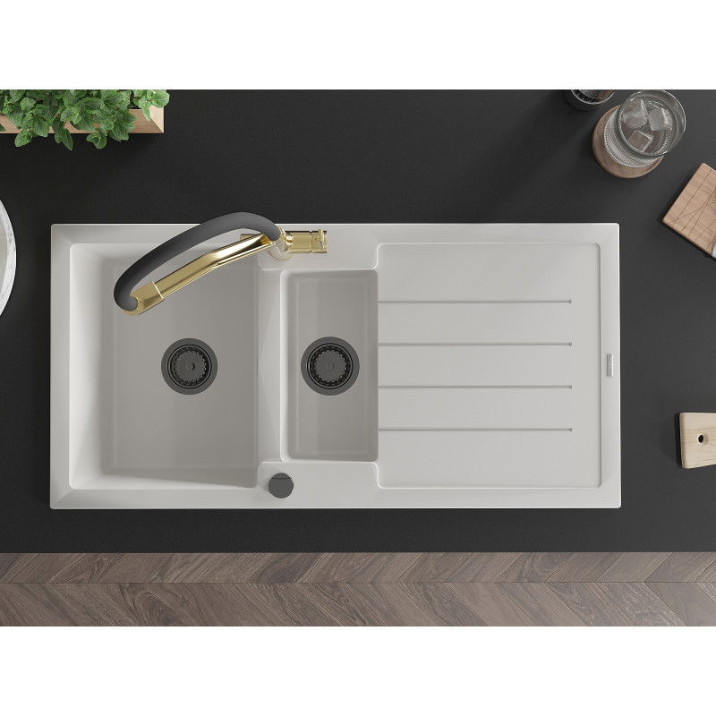 Mexen Andres гранитна кухненска мивка с 1,5 камери с отцедник и кухненски смесител Duo, бял - 6515-20-671701-57-B
