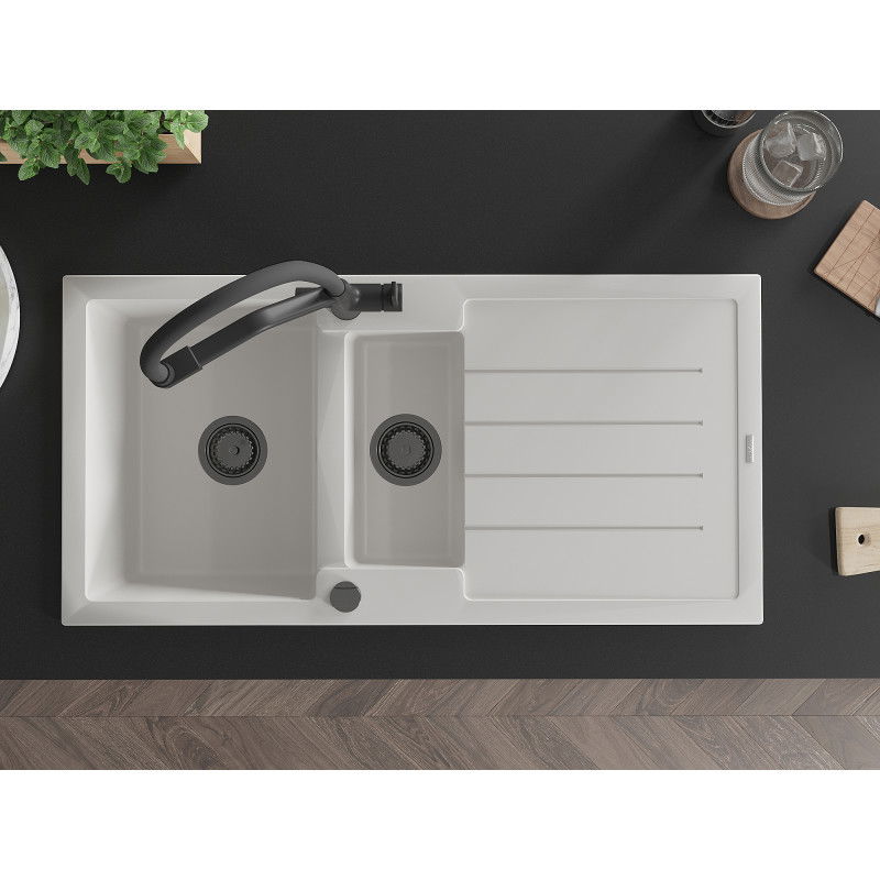 Mexen Andres гранитна мивка с 1,5 камери с отцедник и кухненски смесител Duo, бял - 6515-20-671701-70-B