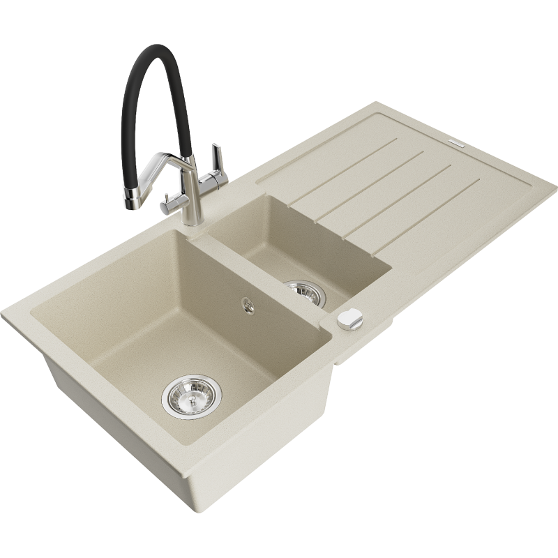Mexen Andres гранитна мивка с 1,5 камери с отцедник и кухненски кран Duo, бежов - 6515-69-671701-07