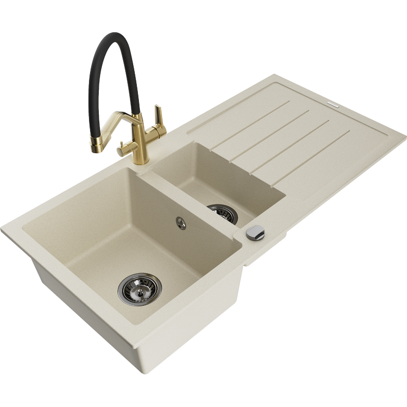 Mexen Andres гранитна мивка 1,5 камери с отцедник и кухненски смесител Duo,