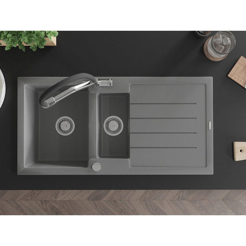 Mexen Andres Гранитна мивка 1,5-коморна с отцедник и кухненски смесител Duo, сив - 6515-71-671701-07