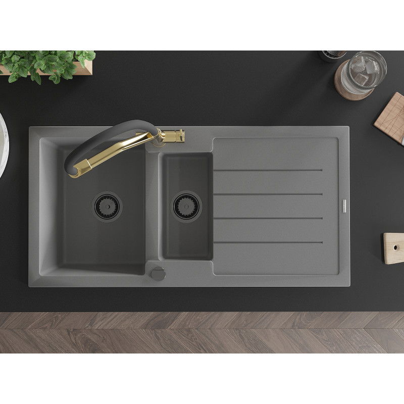 Mexen Andres гранитна мивка с 1,5 камери с отцедник и кухненски смесител Duo, сив - 6515-71-671701-57-B
