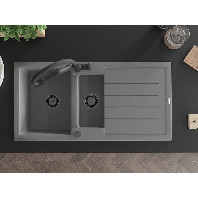 Mexen Andres гранитна мивка с 1,5 камери с капак и кухненски смесител Duo, сив - 6515-71-671701-70-B