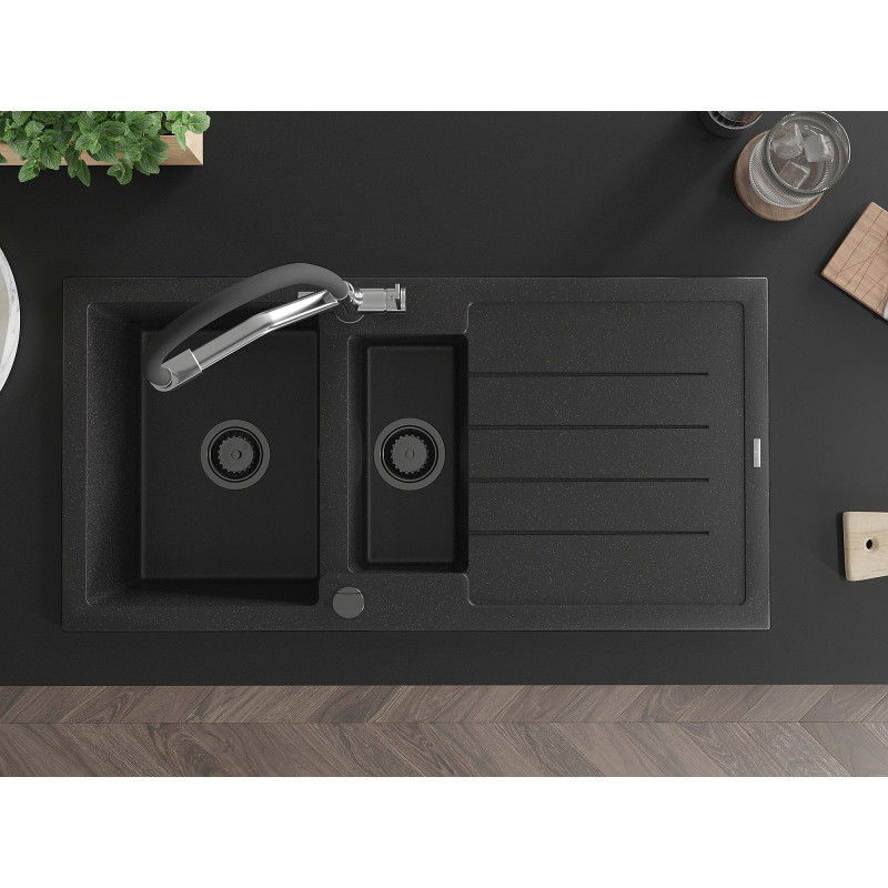 Mexen Andres гранитна мивка 1,5-камерна с отцедник и кухненски смесител Duo, черно/сребърно - 6515-73-671701-07-B