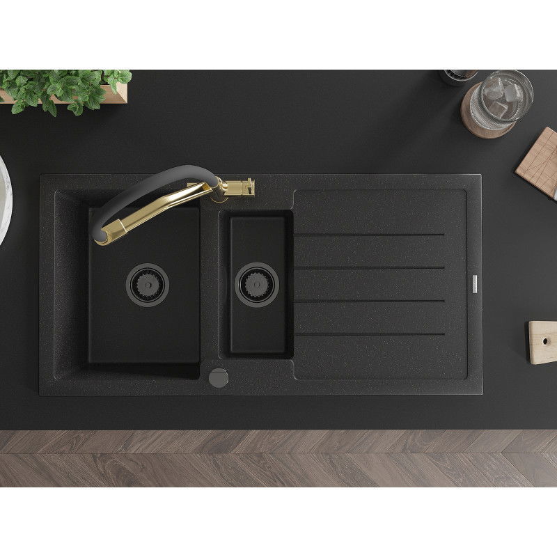Mexen Andres гранитна мивка с 1,5 отделения с отцедник и кухненска батерия Duo, черно/сребърно - 6515-73-671701-57-B