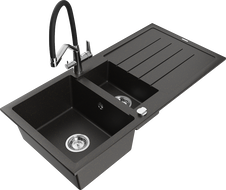 Mexen Andres гранитна мивка 1,5-коморна с отцедник и кухненски смесител Duo, черен/златен металик - 6515-75-671701-07