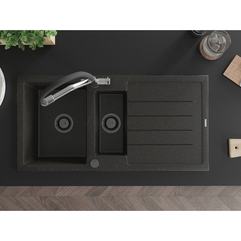 Mexen Andres гранитна мивка 1,5-коморна с отцедник и кухненски смесител Duo, черно/златен металик - 6515-75-671701-07-B