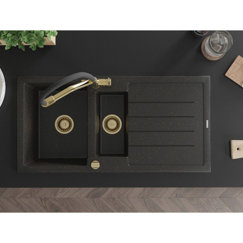 Mexen Andres гранитна мивка с 1,5 камери с отцедник и кухненски смесител Duo, черен/златен металик - 6515-75-671701-57-G