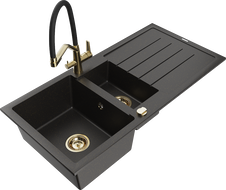 Mexen Andres гранитна мивка с 1,5 камери с отцедник и кухненски смесител Duo, черен/златен металик - 6515-75-671701-57-G