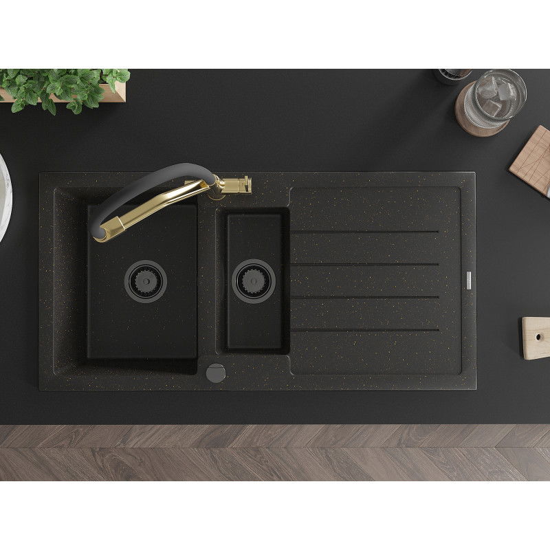 Mexen Andres гранитна мивка с 1,5 камери и отцедник и кухненски смесител Duo, черен/златен металик - 6515-75-671701-57-B