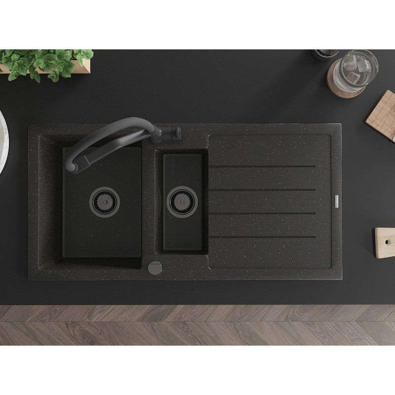 Mexen Andres гранитна мивка 1,5-камерна със сушилник и кухненски смесител Duo, черен/златен металик - 6515-75-671701-70-B