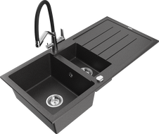 Mexen Andres кухненска мивка от гранит с 1,5 басейна и отцеждач с кухненски смесител Duo, черен на петна - 6515-76-671701-07