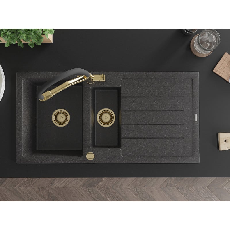 Mexen Andres еднократно мивка от гранит с 1,5 камери и отцедник и кухненски смесител Duo, черен на точки - 6515-76-671701-57-G