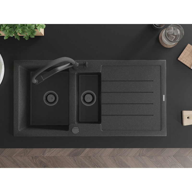 Mexen Andres гранитна мивка 1,5-коморна с отцедник и кухненски смесител Duo, черен на точки - 6515-76-671701-70-B