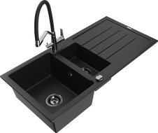 Mexen Andres Гранитна кухненска мивка 1,5-камерна с отцедник и кухненски смесител Duo, черен - 6515-77-671701-07-B