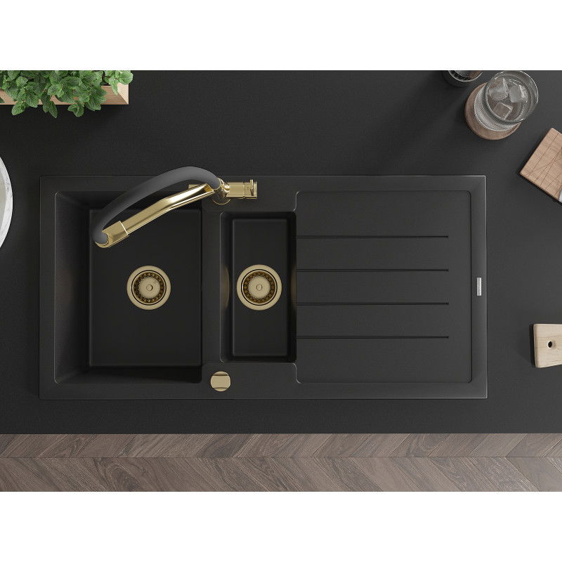 Mexen Andres гранитна мивка 1,5-камерна с отцедник и кухненски смесител Duo, черен - 6515-77-671701-57-G