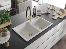 Mexen Tomas двукамерна гранитна мивка с кухненски смесител Duo, бял - 6516-20-671701-57-G