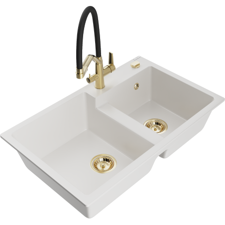 Mexen Tomas двукамерна гранитна мивка с кухненски смесител Duo, бял - 6516-20-671701-57-G