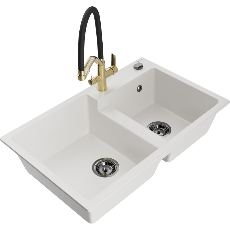 Mexen Tomas двоен гранитен кухненски мивка с кухненски смесител Duo, бял - 6516-20-671701-57-B