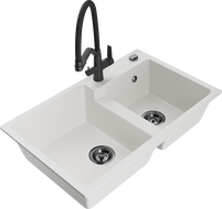 Mexen Tomas кухненска мивка от гранит с две корита и кухненски смесител Duo, бял - 6516-20-671701-70-B