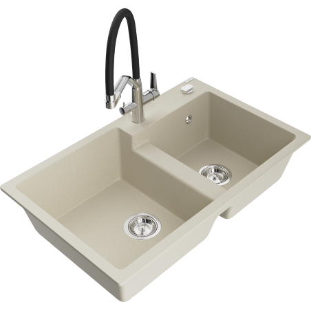 Mexen Tomas гранитна кухненска мивка с 2 отделения и кухненски смесител Duo, бежов - 6516-69-671701-07