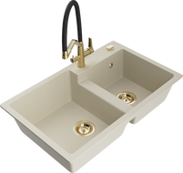 Mexen Tomas двукамерна гранитна мивка с кухненски смесител Duo, бежов - 6516-69-671701-57-G