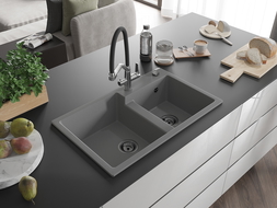 Mexen Tomas гранитна мивка с 2 камери и кухненски смесител Duo, сив - 6516-71-671701-07-B