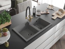 Mexen Tomas гранитна кухненска мивка с две камери и кухненски смесител Duo, сив - 6516-71-671701-57-B