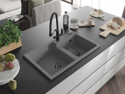 Mexen Tomas гранитна мивка с две корита с кухненски смесител Duo, сив - 6516-71-671701-70-B