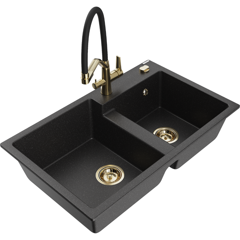 Mexen Tomas гранитна мивка 2-коморна с кухненски смесител Duo, черен/сребрист металик - 6516-73-671701-57-G