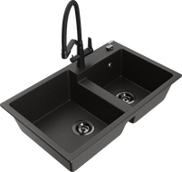 Mexen Tomas двукоморна гранитна мивка с кухненски смесител Duo, черен/златен металик - 6516-75-671701-70-B