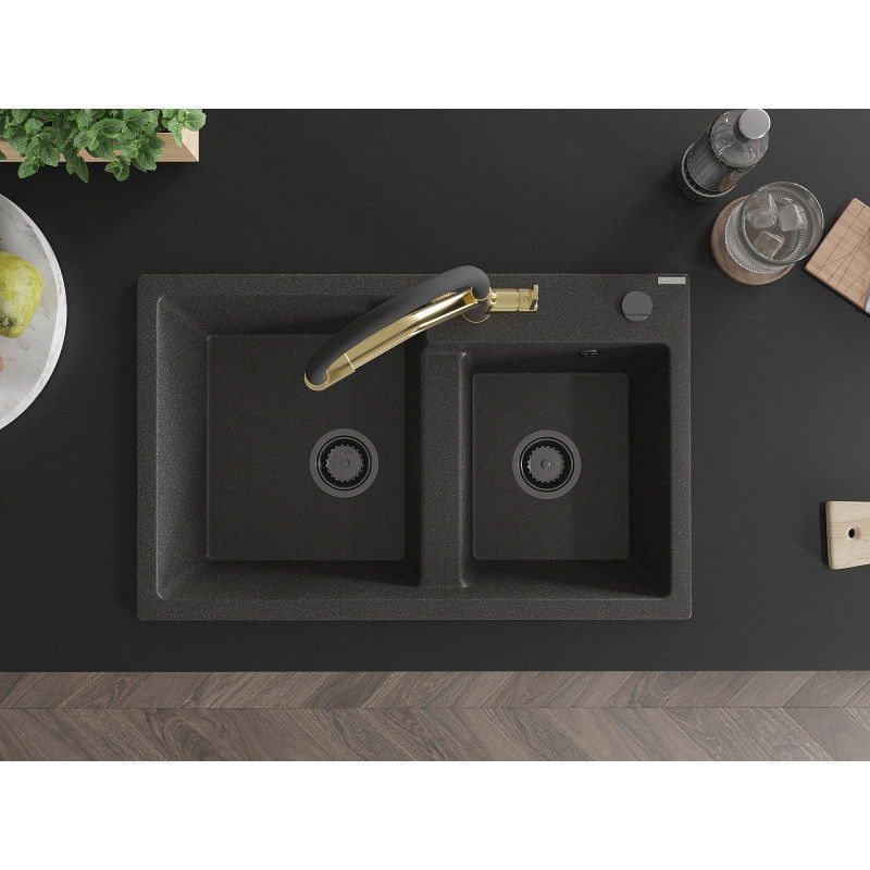 Mexen Tomas гранитна мивка с 2 отделения с кухненски смесител Duo, черен накъпчен - 6516-76-671701-57-B