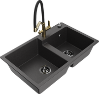 Mexen Tomas гранитна мивка с 2 отделения с кухненски смесител Duo, черен накъпчен - 6516-76-671701-57-B